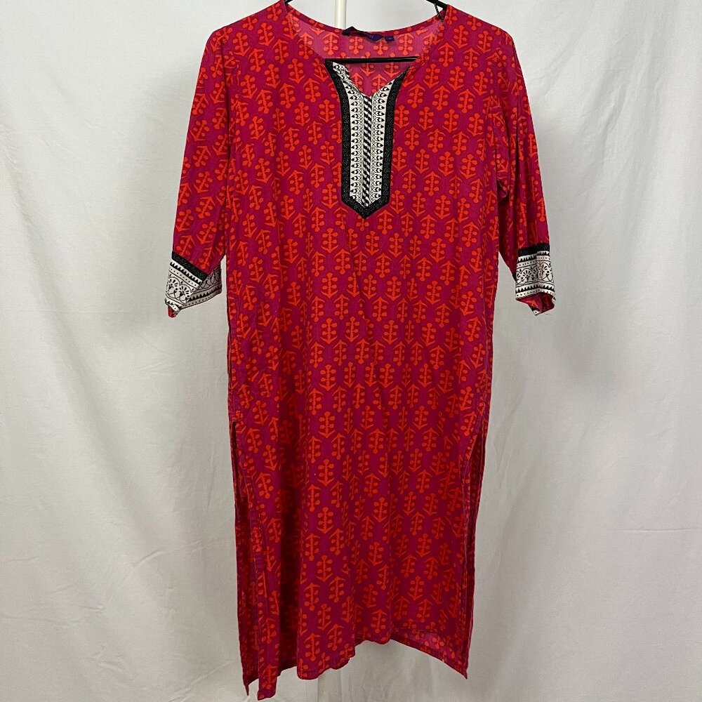 SRISHTI Pink Orange Indian Kurti Dress 3/4 Sleeves Intricate Patterns Size M